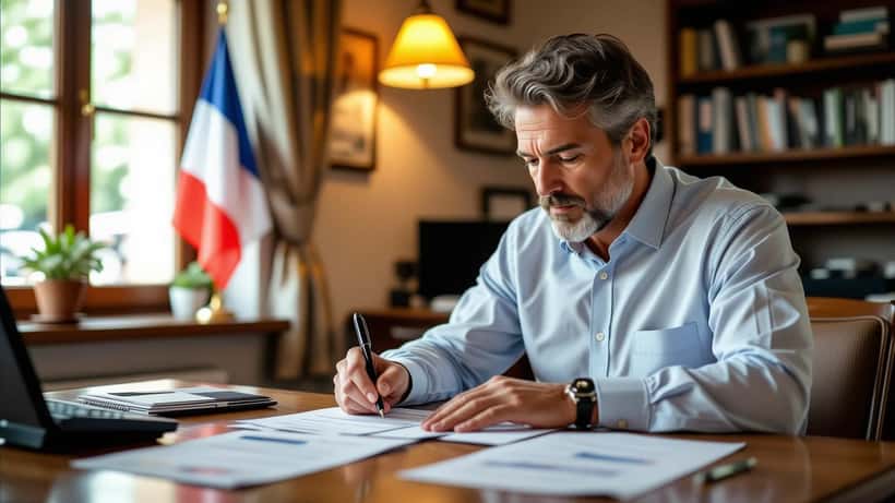 Un donateur remplit un formulaire de don à un parti politique, billets en euros et reçu fiscal posés sur un bureau