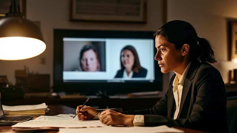 Advogada portuguesa a rever documentos numa secretária com televisão ao fundo