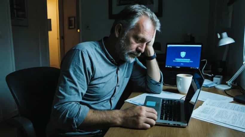 Mand arbejder ved laptop om natten med cybersikkerhedsvarsler på skærmen