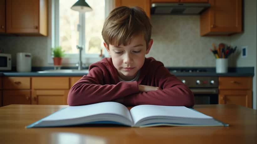 Lycéen seul à une table de cuisine avec des manuels scolaires ouverts