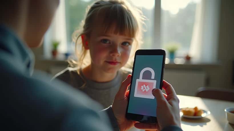 Norsk tenåring holder smarttelefon med blokkert sosial-medie-skjerm i Oslo-leilighet