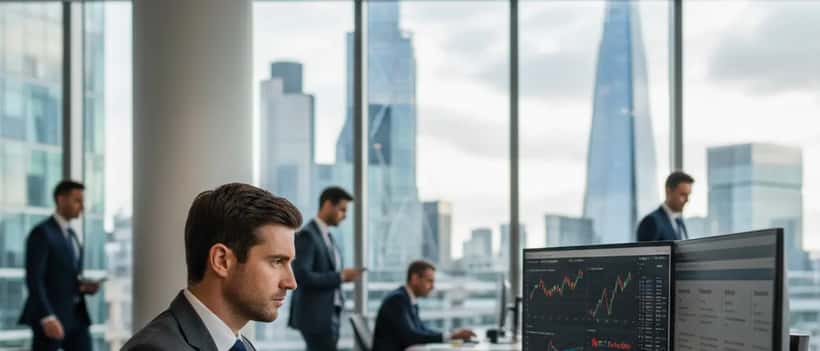 British wealth manager reviewing Middle East financial risk on dual screens in London office