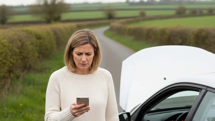 British woman stranded by roadside with empty fuel tank calling for breakdown assistance