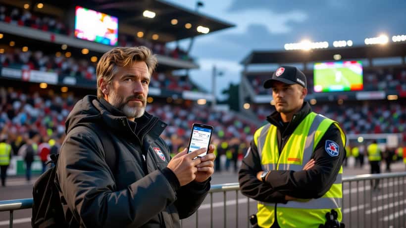 Supporter avec smartphone affichant billet invalide aux tourniquets d'un stade de Ligue des Champions