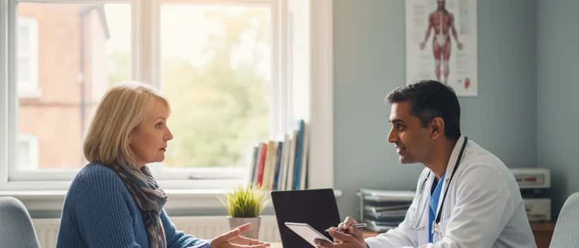 Doctor consulting a patient in a bright NHS clinic room, compassionate and professional atmosphere