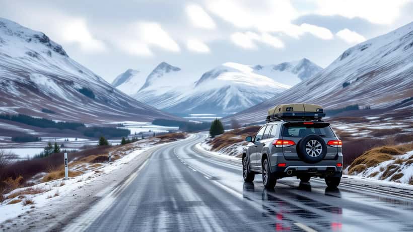 Bil med sommerdekk på snødekt norsk fjellvei i juli, Gudbrandsdalen