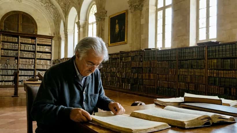 Investigador português a examinar manuscritos históricos numa biblioteca neoclássica em Lisboa, estantes com livros encadernados ao fundo