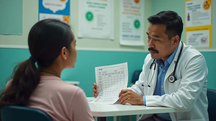 Pediatra hispana mostrando calendario de vacunas 2026 a una madre en consulta médica