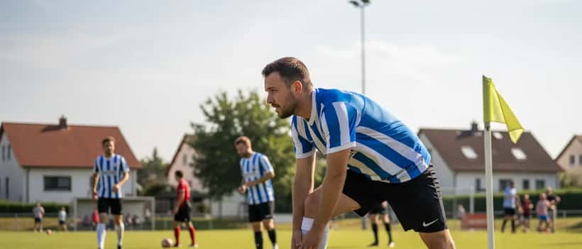 Amateurfußballer dehnt sich vor einem Freundschaftsspiel auf einem Gemeindeplatz, Nachmittagssonne