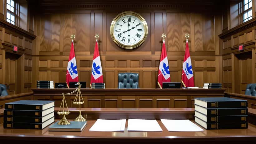 Salle d'audience d'un tribunal du Québec avec une horloge murale au-dessus du banc du juge et des dossiers empilés