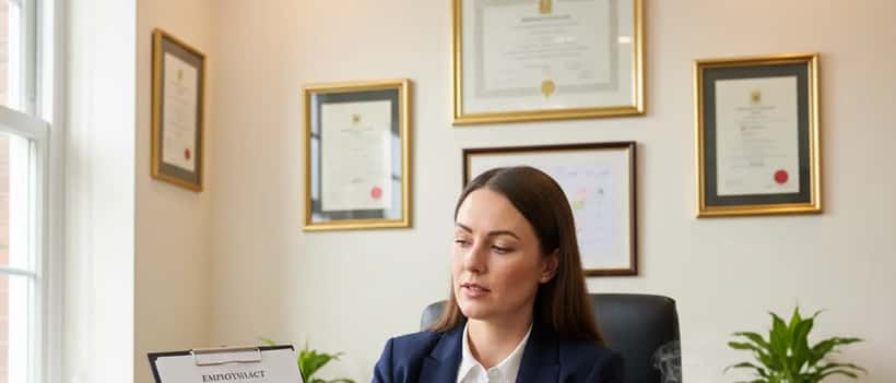 British solicitor reviewing employment contract with Easter 2026 calendar in Birmingham office, professional setting