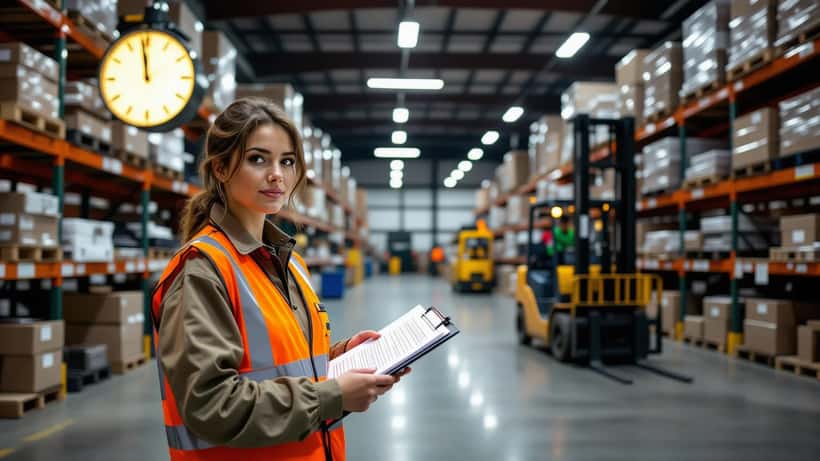 Warehouse worker reviewing pay stub at 1 a.m. during daylight saving time clock rollback