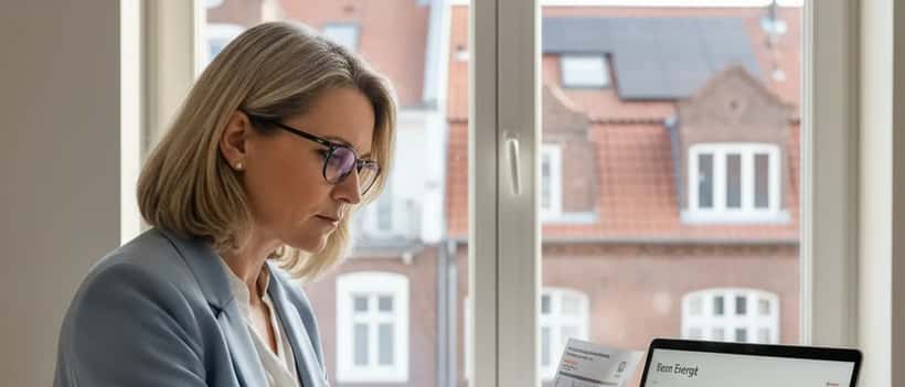 Deutsche Frau mit Brille und Blazer prüft Stromrechnung am Küchentisch mit Laptop und Solaranlage im Hintergrund