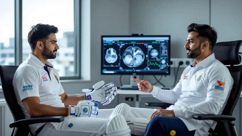 South Asian cricketer consults a sports medicine physician reviewing abdominal CT scan results in a Toronto clinical setting
