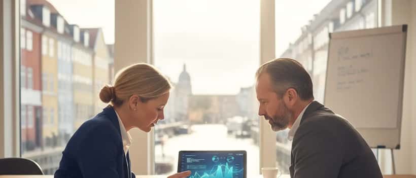 Dansk finansiel rådgiver gennemgår investeringsdiagrammer på en tablet med en klient i et moderne kontor i København