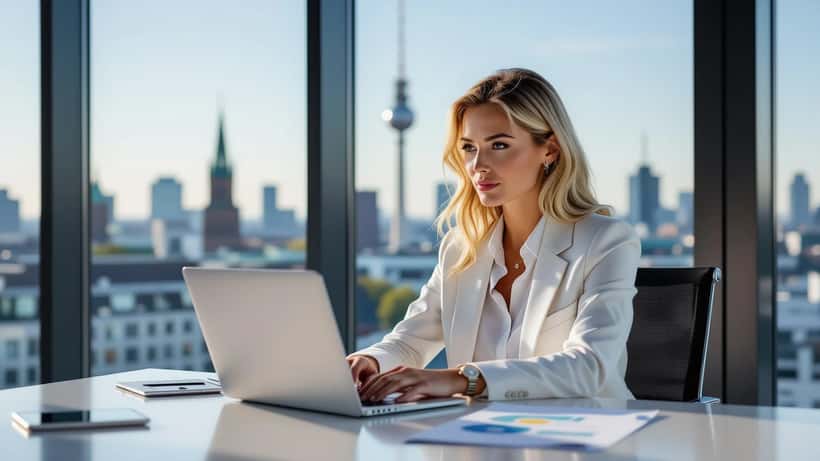 Geschäftsfrau überprüft Dokumente in modernem Berliner PR-Agentur-Büro – Franca Lehfeldt Selbstständigkeit 2026