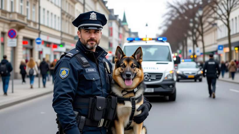 Polizeibeamter mit Deutschem Schäferhund Diensthund im Stadteinsatz