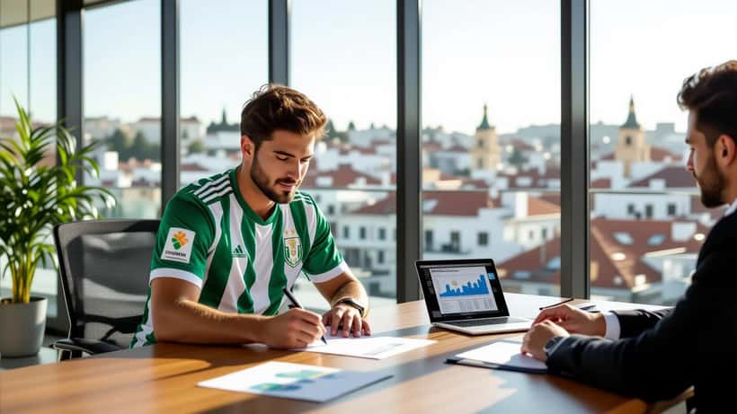 Jovem jogador de futebol assina documentos financeiros em escritório de gestão de patrimônio em Lisboa