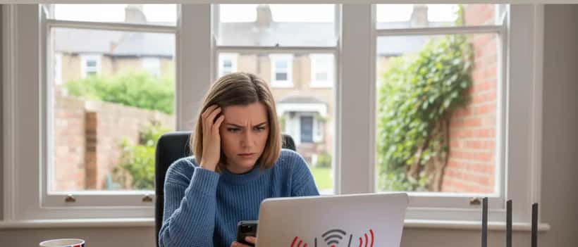 British person frustrated with broadband outage checking router at home desk