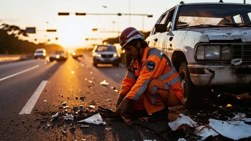 Paramédico atendendo vítima de capotamento em rodovia brasileira ao amanhecer