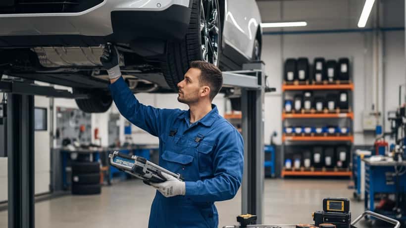 Kfz-Techniker prüft BMW Elektroauto auf Hebebühne in Münchner Werkstatt