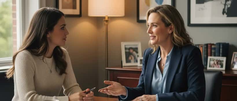 Female family law attorney consulting woman client in private office, supportive professional setting