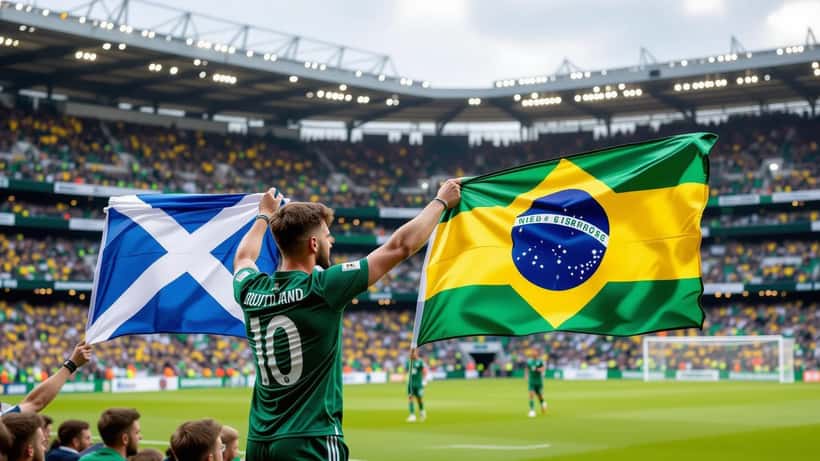Supportrar med skotska och brasilianska flaggor utanför en fotbollsarena inför matchen Skottland–Brasilien 2026