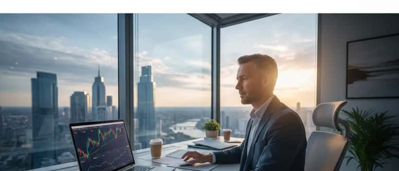 Financial advisor reviewing Tesla stock charts on laptop in professional office