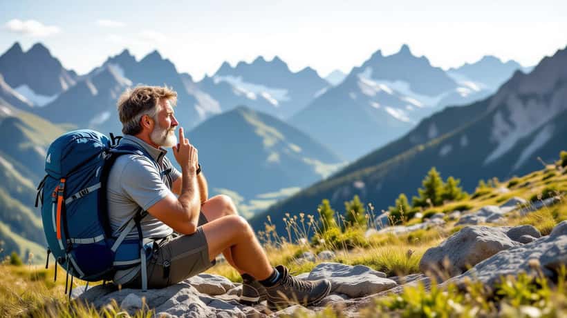 Älterer Wanderer macht Pause auf Alpenweg und prüft seinen Puls — Herzgesundheit beim Bergwandern in Tirol