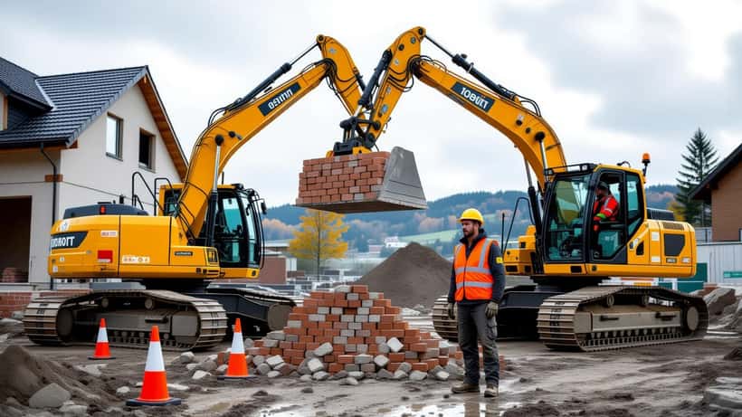 Teleskoplader auf einer Baustelle in Österreich mit ausgefahrenem Arm und schwerer Last