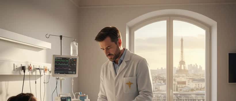 Arzt im weißen Kittel untersucht Patienten im Krankenhaus, medizinische Überwachungsgeräte im Hintergrund