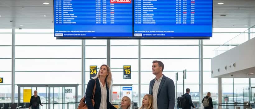 Nederlands gezin bij Eindhoven Airport kijkt naar vertrekbord met annuleringen