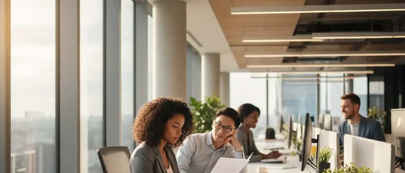 Diverse young professionals in a modern British office reviewing an employment contract