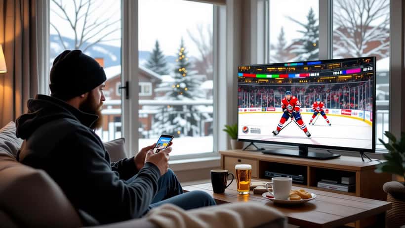Canadian watching hockey while using a sports betting app on his phone