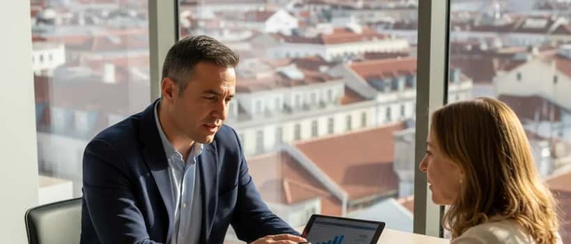 Consultor financeiro português a analisar gráficos de poupança com cliente em escritório em Lisboa