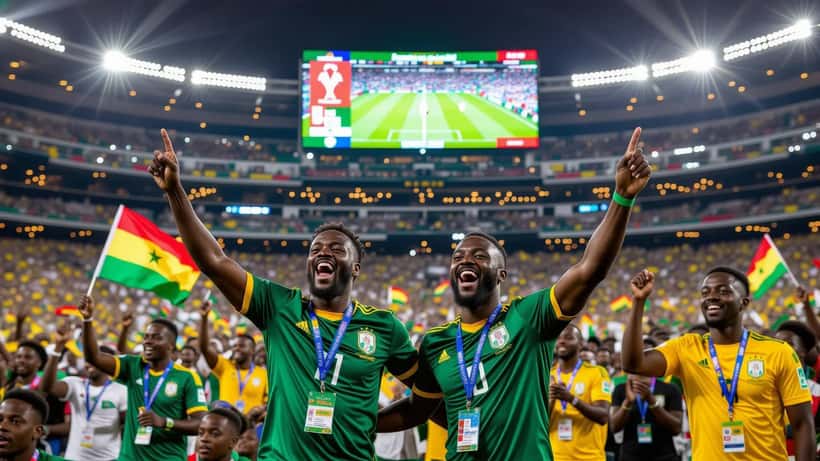 Senegalin kannattajat juhlivat vihreissä paidoissa täydellä MM-stadionilla iltavalaistuksessa