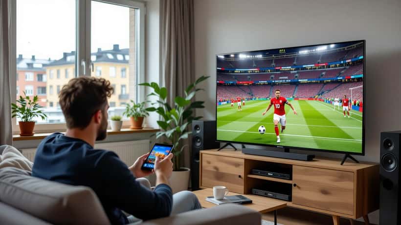 Man i vardagsrum med fotbollsstream som buffrar på stor TV