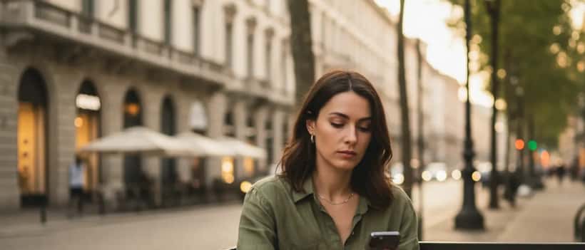 Donna italiana pensierosa seduta in un caffè milanese, riflette sulle relazioni amorose guardando il telefono