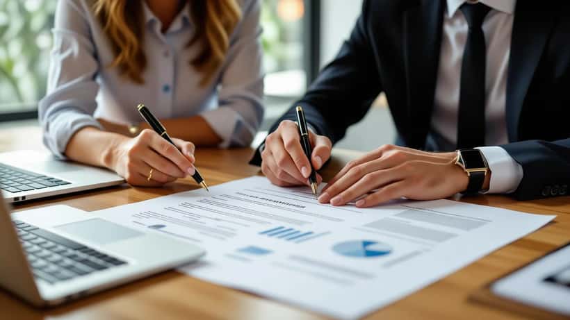 Dos personas revisando las cláusulas de un contrato impreso sobre un escritorio en una oficina
