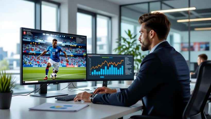 Consultor desportivo a analisar contrato de transferência de futebolista em escritório moderno