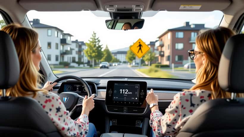 Svensk elbilsförare ser på batteriindikatorn i bilen med en omledningsskylt synlig genom vindrutan i Stockholm