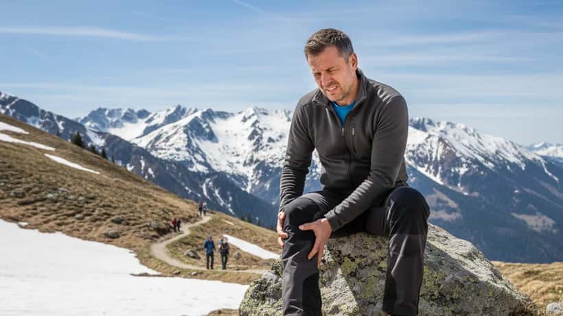 Wanderer mit Knieschmerzen auf einem Frühlingsweg in den österreichischen Alpen