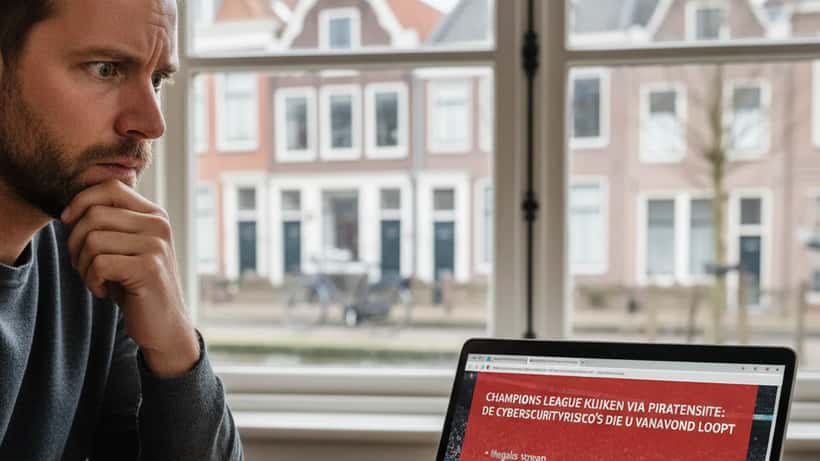 Man kijkt bezorgd naar laptop met waarschuwingspopup op voetbalstreamingsite
