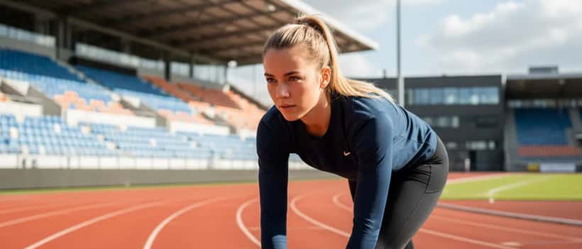 Jonge Nederlandse atlete doet warming-up stretch op atletiekbaan