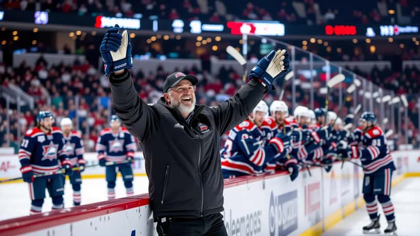 Coach d'hockey célébrant un titre de champion en Suisse, patinoire de Fribourg-Gottéron