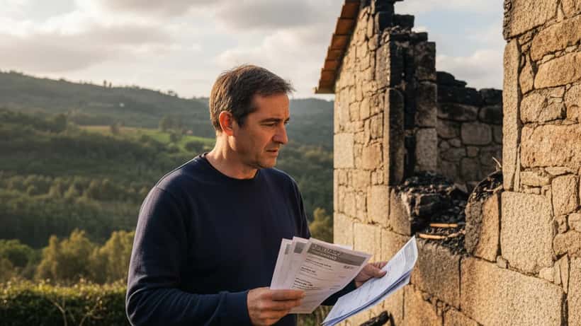 Proprietário a examinar danos de incêndio em habitação em Portugal