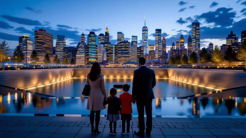 Familiemedlemmer ved 9/11-minnesmerket i New York under 25-årsmarkeringen i 2026
