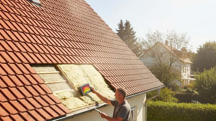 Handwerker inspiziert Dach eines Hauses im Sommer bei starker Hitze in Deutschland