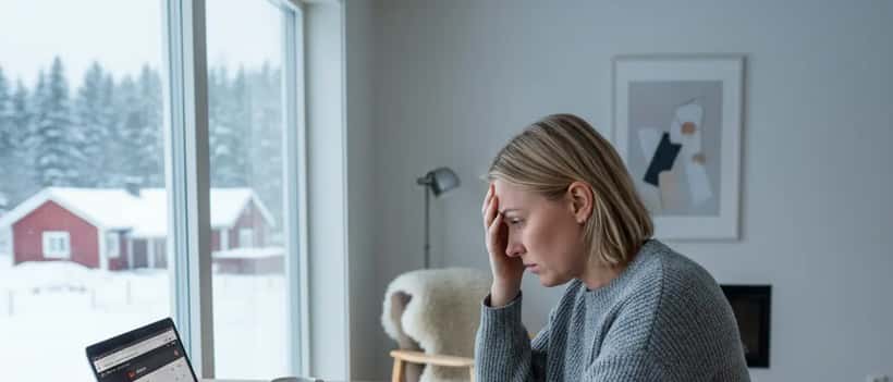 Person granskar spelkonto och kontoutdrag vid dator hemma med bekymrad min