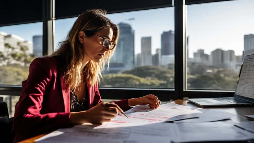 Financial compliance officer reviewing regulatory documents with cryptocurrency charts on screen in Sydney office